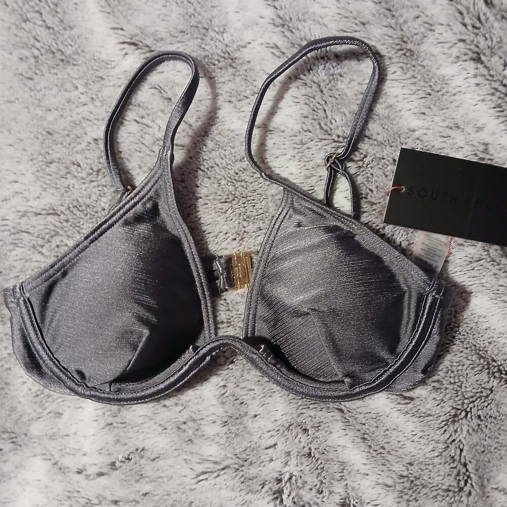 South Beach Women's High Shine Monowire Bikini Top Grey NWT SZ 4